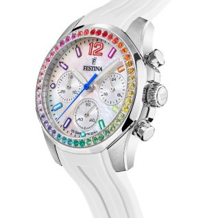 FESTINA BOYFRIEND Crystals - γυναικείο ρολόϊ χρονογράφος με άσπρο λουράκι καουτσούκ F20610/2