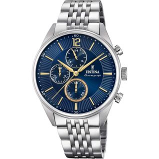 FESTINA TIMELESS Chronograph - ανδρικό ρολόϊ χρονογράφος με μπρασελέ και μπλε καντράν F20285/3