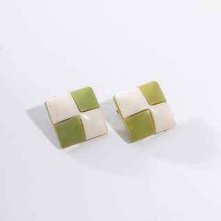 Σκουλαρίκια τετράγωνα λευκό-πράσινο με κλιπ - μοντέρνα σκουλαρίκια με κλιπ - για μη τρυπημένα αυτιά V6