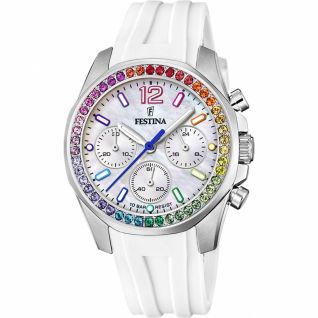 FESTINA BOYFRIEND Crystals - γυναικείο ρολόϊ χρονογράφος με άσπρο λουράκι καουτσούκ F20610/2