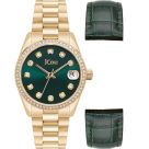 JCou GLISS BOX SET - γυναικείο ρολόϊ με πέτρες ζιργκόν , χρυσό ατσάλινο μπρασελέ και πράσινο δερμάτινο λουράκι JU19060-1